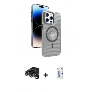 MARSİLYAN™- iPhone 15 Pro Max Kılıf Nova Modern Prime - Siyah Bilvis 0.18mm Plus Cam Ekran Koruyucu + Raze Metal Kamera Lens - GS