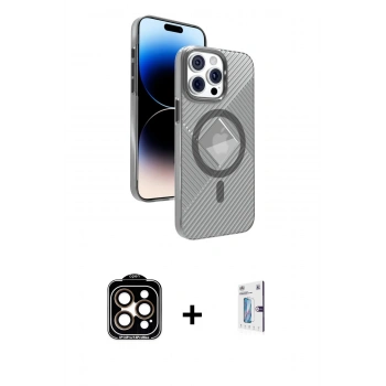 MARSİLYAN™- iPhone 15 Pro Max Kılıf Nova Modern Prime - Siyah Bilvis 0.18mm Plus Cam Ekran Koruyucu + PVD Metal Kamera Lens - TU