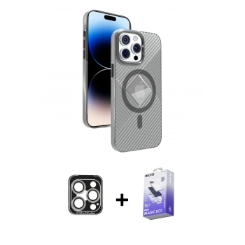 MARSİLYAN™- iPhone 15 Pro Max Kılıf Nova Modern Prime - Siyah Bilvis 5in1 5D Magic Hayalet Cam Ekran Koruyucu + PVD Metal Kamera Lens - GS
