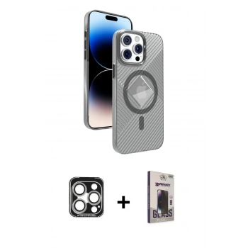 MARSİLYAN™- iPhone 15 Pro Max Kılıf Nova Modern Prime - Siyah Bilvis Hayalet Cam Ekran Koruyucu + PVD Metal Kamera Lens - GS