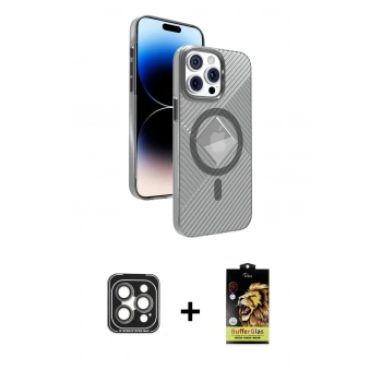 MARSİLYAN™- iPhone 15 Pro Max Kılıf Nova Modern Prime - Siyah Buffer Cam Ekran Koruyucu + PVD Metal Kamera Lens - GI