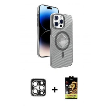 MARSİLYAN™- iPhone 15 Pro Max Kılıf Nova Modern Prime - Siyah Buffer Cam Ekran Koruyucu + PVD Metal Kamera Lens - GS