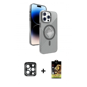 MARSİLYAN™- iPhone 15 Pro Max Kılıf Nova Modern Prime - Siyah Buffer Cam Ekran Koruyucu + PVD Metal Kamera Lens - LT