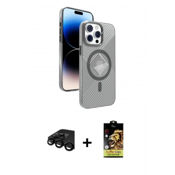 MARSİLYAN™- iPhone 15 Pro Max Kılıf Nova Modern Prime - Siyah Buffer Cam Ekran Koruyucu + Raze Metal Kamera Lens - SH