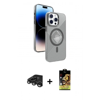 MARSİLYAN™- iPhone 15 Pro Max Kılıf Nova Modern Prime - Siyah Buffer Cam Ekran Koruyucu + Raze Metal Kamera Lens - TMGI