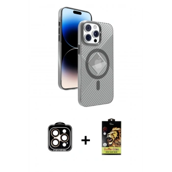 MARSİLYAN™- iPhone 15 Pro Max Kılıf Nova Modern Prime - Siyah Buffer Cam Ekran Koruyucu + PVD Metal Kamera Lens - TU