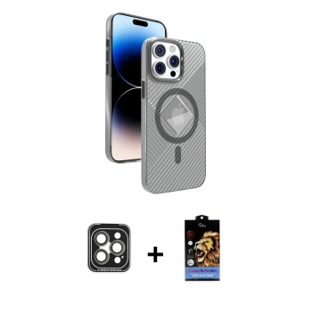 MARSİLYAN™- iPhone 15 Pro Max Kılıf Nova Modern Prime - Siyah Buffer Hayalet Cam Ekran Koruyucu + PVD Metal Kamera Lens - GI
