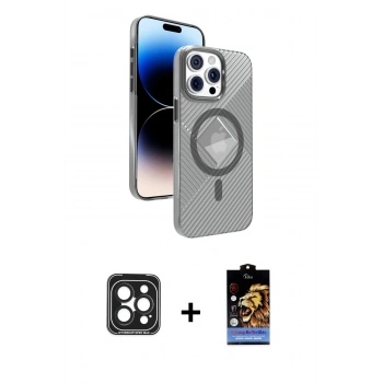 MARSİLYAN™- iPhone 15 Pro Max Kılıf Nova Modern Prime - Siyah Buffer Hayalet Cam Ekran Koruyucu + PVD Metal Kamera Lens - SH