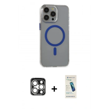 MARSİLYAN™- iPhone 15 Pro Max Kılıf Odak Form Özel Seri - Şeffaf Pasifik Cam Ekran Koruyucu + PVD Metal Kamera Lens - GS