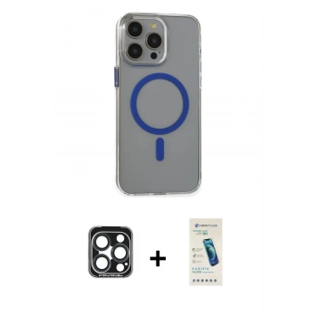 MARSİLYAN™- iPhone 15 Pro Max Kılıf Odak Form Özel Seri - Şeffaf Pasifik Cam Ekran Koruyucu + PVD Metal Kamera Lens - LT