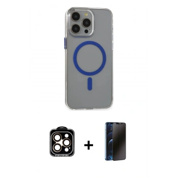 MARSİLYAN™- iPhone 15 Pro Max Kılıf Odak Form Özel Seri - Siyah 3D Antistatik Hayalet Cam Ekran Koruyucu + PVD Metal Kamera Lens - TU