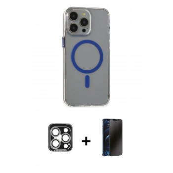 MARSİLYAN™- iPhone 15 Pro Max Kılıf Odak Form Özel Seri - Siyah 3D Antistatik Hayalet Cam Ekran Koruyucu + PVD Metal Kamera Lens - GS