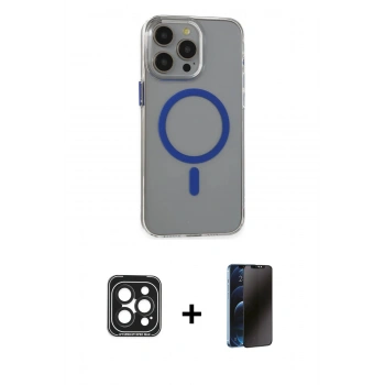 MARSİLYAN™- iPhone 15 Pro Max Kılıf Odak Form Özel Seri - Siyah 3D Antistatik Hayalet Cam Ekran Koruyucu + PVD Metal Kamera Lens - SH
