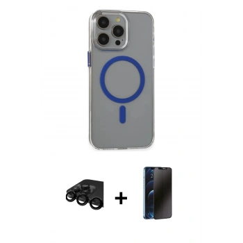 MARSİLYAN™- iPhone 15 Pro Max Kılıf Odak Form Özel Seri - Siyah 3D Antistatik Hayalet Cam Ekran Koruyucu + Raze Metal Kamera Lens - SH