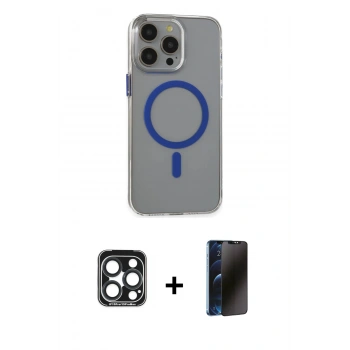 MARSİLYAN™- iPhone 15 Pro Max Kılıf Odak Form Özel Seri - Siyah 3D Antistatik Hayalet Cam Ekran Koruyucu + PVD Metal Kamera Lens - LT