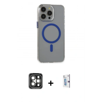 MARSİLYAN™- iPhone 15 Pro Max Kılıf Odak Form Özel Seri - Siyah Bilvis 0.18mm Plus Cam Ekran Koruyucu + PVD Metal Kamera Lens - GI