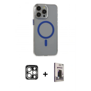 MARSİLYAN™- iPhone 15 Pro Max Kılıf Odak Form Özel Seri - Siyah Bilvis Hayalet Cam Ekran Koruyucu + PVD Metal Kamera Lens - GS