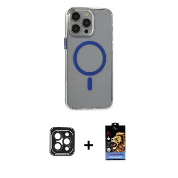 MARSİLYAN™- iPhone 15 Pro Max Kılıf Odak Form Özel Seri - Siyah Buffer Hayalet Cam Ekran Koruyucu + PVD Metal Kamera Lens - SH