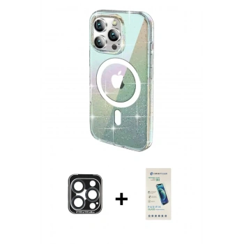 MARSİLYAN™- iPhone 15 Pro Max Kılıf Odak Modern Serisi - Şeffaf Pasifik Cam Ekran Koruyucu + PVD Metal Kamera Lens - LT