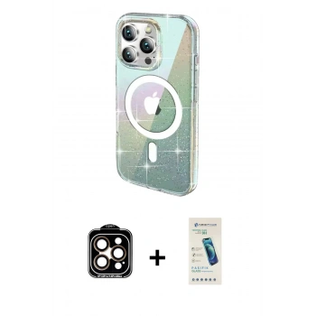 MARSİLYAN™- iPhone 15 Pro Max Kılıf Odak Modern Serisi - Şeffaf Pasifik Cam Ekran Koruyucu + PVD Metal Kamera Lens - TU