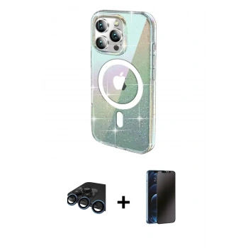 MARSİLYAN™- iPhone 15 Pro Max Kılıf Odak Modern Serisi - Siyah 3D Antistatik Hayalet Cam Ekran Koruyucu + Raze Metal Kamera Lens - LT