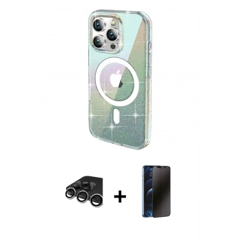 MARSİLYAN™- iPhone 15 Pro Max Kılıf Odak Modern Serisi - Siyah 3D Antistatik Hayalet Cam Ekran Koruyucu + Raze Metal Kamera Lens - GS