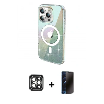 MARSİLYAN™- iPhone 15 Pro Max Kılıf Odak Modern Serisi - Siyah 3D Antistatik Hayalet Cam Ekran Koruyucu + PVD Metal Kamera Lens - GI