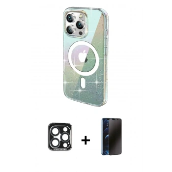 MARSİLYAN™- iPhone 15 Pro Max Kılıf Odak Modern Serisi - Siyah 3D Antistatik Hayalet Cam Ekran Koruyucu + PVD Metal Kamera Lens - LT