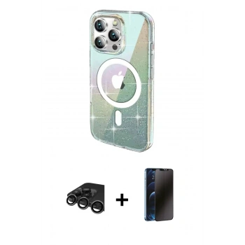 MARSİLYAN™- iPhone 15 Pro Max Kılıf Odak Modern Serisi - Siyah 3D Antistatik Hayalet Cam Ekran Koruyucu + Raze Metal Kamera Lens - TMGI