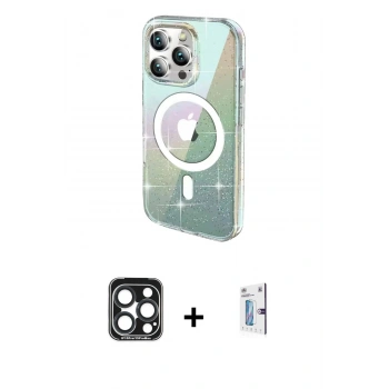 MARSİLYAN™- iPhone 15 Pro Max Kılıf Odak Modern Serisi - Siyah Bilvis 0.18mm Plus Cam Ekran Koruyucu + PVD Metal Kamera Lens - LT