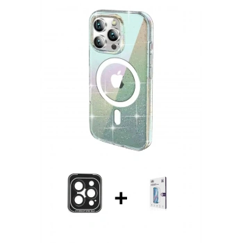 MARSİLYAN™- iPhone 15 Pro Max Kılıf Odak Modern Serisi - Siyah Bilvis 0.18mm Plus Cam Ekran Koruyucu + PVD Metal Kamera Lens - SH