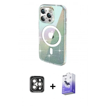 MARSİLYAN™- iPhone 15 Pro Max Kılıf Odak Modern Serisi - Siyah Bilvis 5in1 5D Magic Hayalet Cam Ekran Koruyucu + PVD Metal Kamera Lens - GI