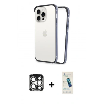 MARSİLYAN™- iPhone 15 Pro Max Kılıf Pusula Asil Koleksiyonu - Şeffaf Pasifik Cam Ekran Koruyucu + PVD Metal Kamera Lens - GS
