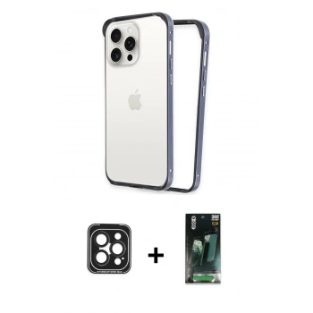 MARSİLYAN™- iPhone 15 Pro Max Kılıf Pusula Asil Koleksiyonu - Siyah 360 Mat Full Body Arka Koruyucu + PVD Metal Kamera Lens - SH