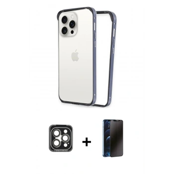 MARSİLYAN™- iPhone 15 Pro Max Kılıf Pusula Asil Koleksiyonu - Siyah 3D Antistatik Hayalet Cam Ekran Koruyucu + PVD Metal Kamera Lens - GI