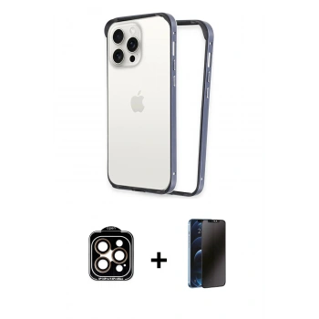 MARSİLYAN™- iPhone 15 Pro Max Kılıf Pusula Asil Koleksiyonu - Siyah 3D Antistatik Hayalet Cam Ekran Koruyucu + PVD Metal Kamera Lens - TU