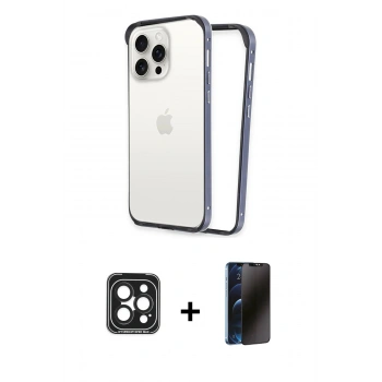 MARSİLYAN™- iPhone 15 Pro Max Kılıf Pusula Asil Koleksiyonu - Siyah 3D Antistatik Hayalet Cam Ekran Koruyucu + PVD Metal Kamera Lens - SH