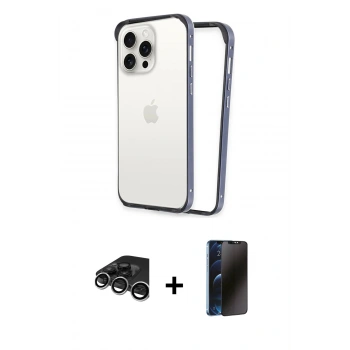 MARSİLYAN™- iPhone 15 Pro Max Kılıf Pusula Asil Koleksiyonu - Siyah 3D Antistatik Hayalet Cam Ekran Koruyucu + Raze Metal Kamera Lens - GS