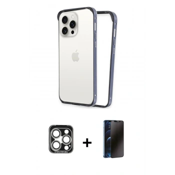 MARSİLYAN™- iPhone 15 Pro Max Kılıf Pusula Asil Koleksiyonu - Siyah 3D Antistatik Hayalet Cam Ekran Koruyucu + PVD Metal Kamera Lens - GS