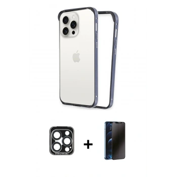 MARSİLYAN™- iPhone 15 Pro Max Kılıf Pusula Asil Koleksiyonu - Siyah 3D Antistatik Hayalet Cam Ekran Koruyucu + PVD Metal Kamera Lens - LT