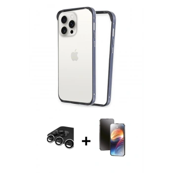 MARSİLYAN™- iPhone 15 Pro Max Kılıf Pusula Asil Koleksiyonu - Siyah 3D Antistatik Mat Seramik Nano Ekran Koruyucu + Raze Metal Kamera Lens - GS