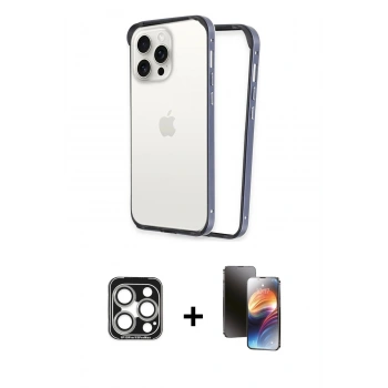 MARSİLYAN™- iPhone 15 Pro Max Kılıf Pusula Asil Koleksiyonu - Siyah 3D Antistatik Mat Seramik Nano Ekran Koruyucu + PVD Metal Kamera Lens - GS
