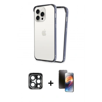 MARSİLYAN™- iPhone 15 Pro Max Kılıf Pusula Asil Koleksiyonu - Siyah 3D Antistatik Mat Seramik Nano Ekran Koruyucu + PVD Metal Kamera Lens - LT