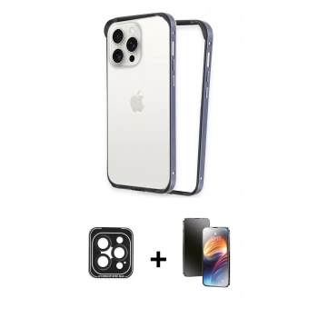 MARSİLYAN™- iPhone 15 Pro Max Kılıf Pusula Asil Koleksiyonu - Siyah 3D Antistatik Mat Seramik Nano Ekran Koruyucu + PVD Metal Kamera Lens - SH