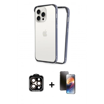 MARSİLYAN™- iPhone 15 Pro Max Kılıf Pusula Asil Koleksiyonu - Siyah 3D Antistatik Mat Seramik Nano Ekran Koruyucu + PVD Metal Kamera Lens - TU