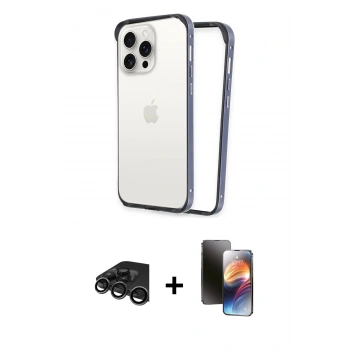 MARSİLYAN™- iPhone 15 Pro Max Kılıf Pusula Asil Koleksiyonu - Siyah 3D Antistatik Mat Seramik Nano Ekran Koruyucu + Raze Metal Kamera Lens - TMGI