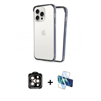 MARSİLYAN™- iPhone 15 Pro Max Kılıf Pusula Asil Koleksiyonu - Siyah 3D Antistatik Seramik Nano Ekran Koruyucu + PVD Metal Kamera Lens - TU