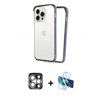 MARSİLYAN™- iPhone 15 Pro Max Kılıf Pusula Asil Koleksiyonu - Siyah 3D Antistatik Seramik Nano Ekran Koruyucu + PVD Metal Kamera Lens - GS