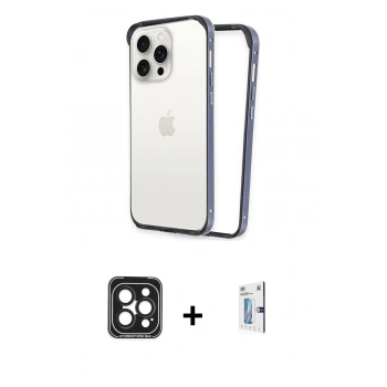 MARSİLYAN™- iPhone 15 Pro Max Kılıf Pusula Asil Koleksiyonu - Siyah Bilvis 0.18mm Plus Cam Ekran Koruyucu + PVD Metal Kamera Lens - SH