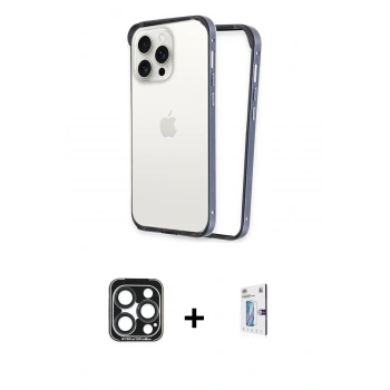 MARSİLYAN™- iPhone 15 Pro Max Kılıf Pusula Asil Koleksiyonu - Siyah Bilvis 0.18mm Plus Cam Ekran Koruyucu + PVD Metal Kamera Lens - LT
